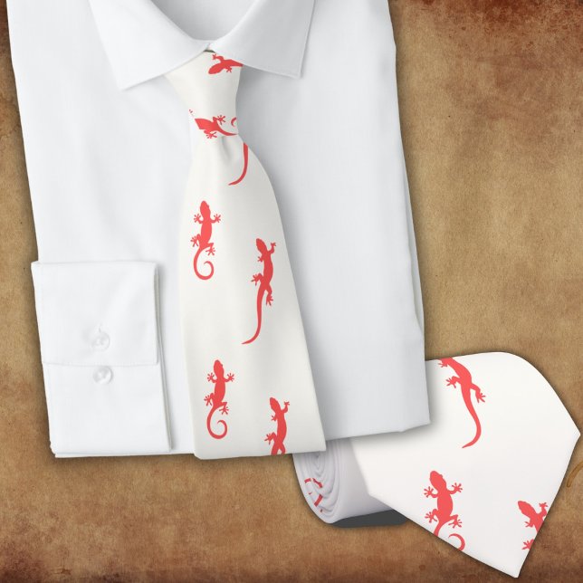 Geckos in rotem Aufstieg (auf weiß) Krawatte (Von Creator hochgeladen)