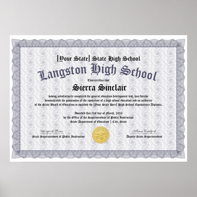 GED General High School Equivalency Diploma Copy Poster (Vorne)