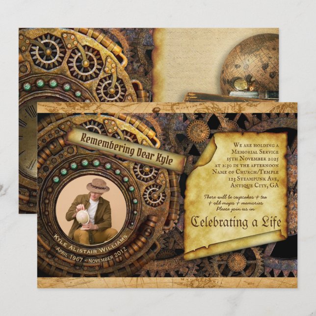 Gedächtnisdienst Steampunk Gear Time Machine Foto Einladung (Vorne/Hinten)