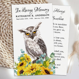 Gedächtnisfeier Beerenkkarte Owl Bird Sonnenblumen Telefonnummerkarte