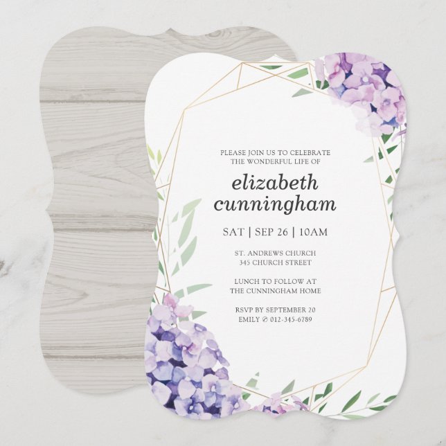 Gedächtnisfräse Hydrangea Lilac Floral Geometrie Einladung (Vorne/Hinten)