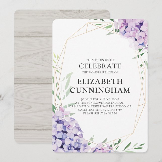 Gedächtnisfräse Hydrangea Lilac Floral Geometrie Einladung (Vorne/Hinten)