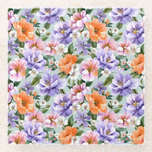 Gedämpfte bunte Blumen Boho-Blume  Glasuntersetzer (Vorderseite)