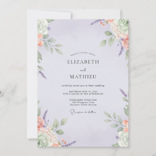 Gedämpfte Lila-Pfirsich-Wildblumen-Hochzeit Einladung