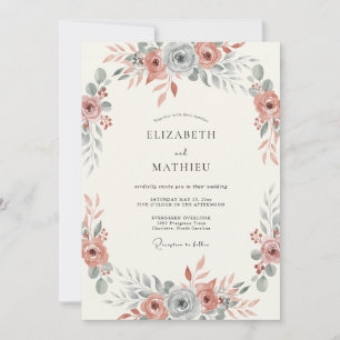 Gedämpfte Rose Schieferblau Botanische Hochzeit Einladung