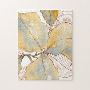 Gedämpftes Gold Blau Aquarell Botanische Blätter