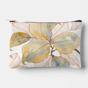 Gedämpftes Gold Blau Wasserfarbe Botanische Blätte Zubehörtasche