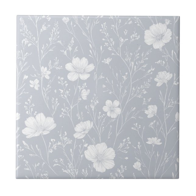 Gedämpftes Grau-Weiß-Wildblumenmuster Fliese (Vorderseite)