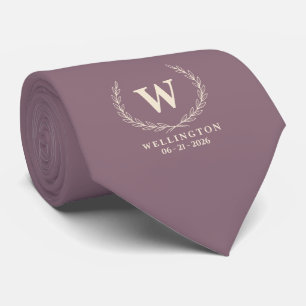 Gedämpftes Mauve Elfenbein Lorbeer Monogramm Hochz Krawatte