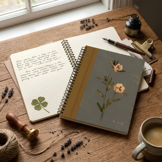 Gedämpftes Olivgrün und goldenes florales Kunstled Notizbuch
