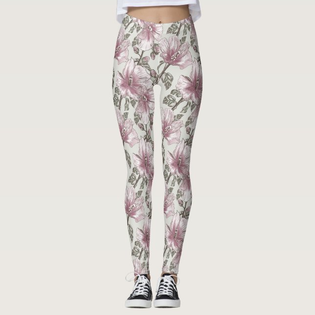 Gedämpftes rosa Hibiskus-Blumen-Muster Leggings (Vorderseite)
