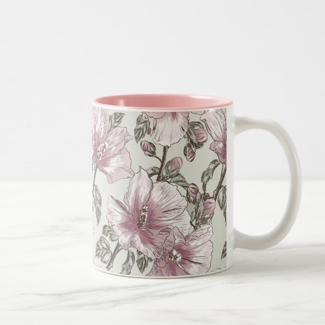 Gedämpftes rosa Hibiskus-Blumen-Muster Zweifarbige Tasse (Rechts)