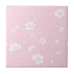 Gedämpftes rosa und weißes Wildblumenmuster Fliese
