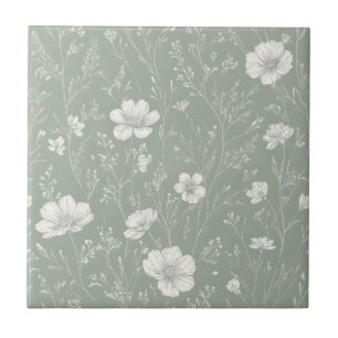 Gedämpftes Salbeigrün und weißes Wildblumenmuster Fliese