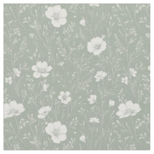 Gedämpftes Salbeigrün und weißes Wildblumenmuster Stoff