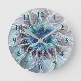 Gedeihende abstrakte moderne fraktale Blume mit Bl Runde Wanduhr