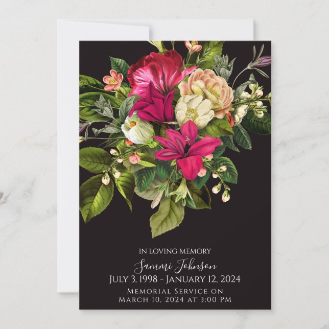 Gedenkankündigung zur Beerdigung von Deep Floral L Einladung (Vorderseite)