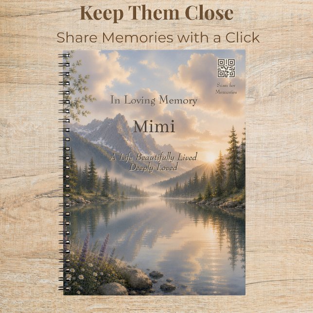 Gedenkbuch Quiet Waters mit QR-Code Notizblock (Elegant memorial journal with custom QR code and peaceful watercolor mountain lake artwork.)
