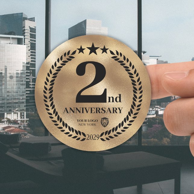 Gedenken an das 2. Jubiläum des Gold-Logos Runder Aufkleber (Gold 2nd Anniversary Business Logo Commemorative Classic Round Sticker
)