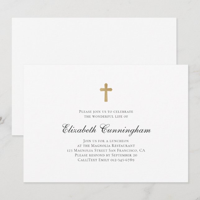 Gedenkfeier Minimalistisch mit Imitat-Goldkreuz Einladung (Vorne/Hinten)