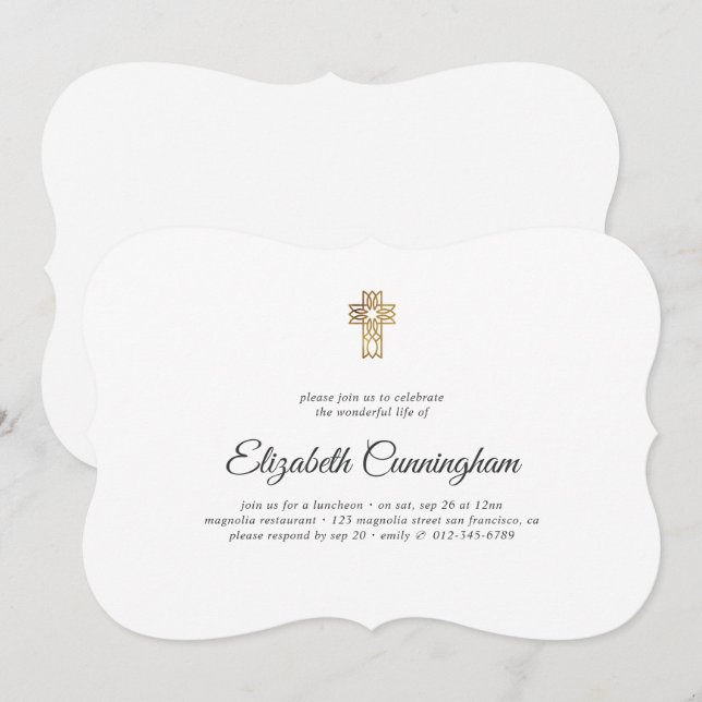 Gedenkfeier Modern mit Imitat-Gold-Kreuz Einladung (Vorne/Hinten)