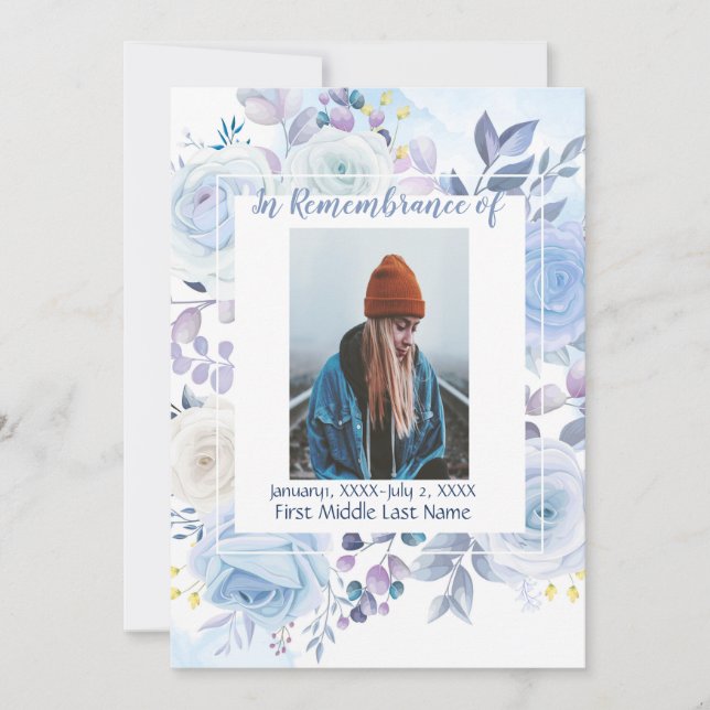 Gedenkfeier zum Leben Hummingbird Blue Rose Einladung (Vorderseite)