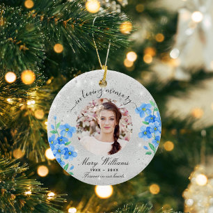 Gedenkfoto mit silbernen blauen Blumen Keramik Ornament
