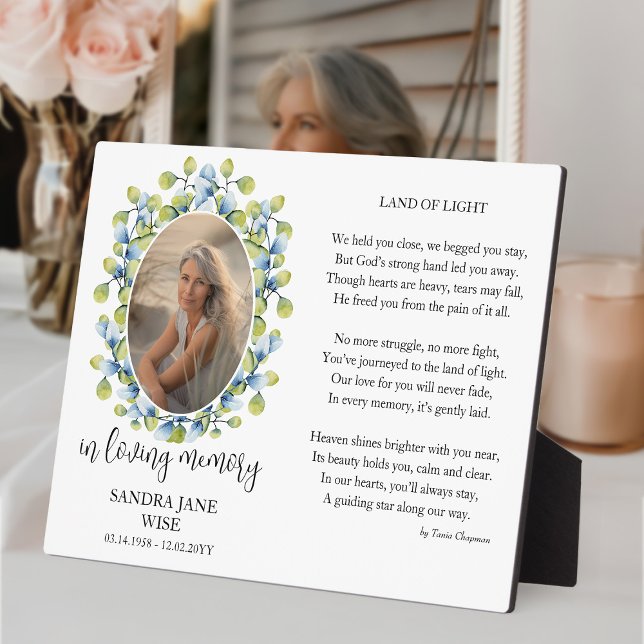 Gedenkgedicht und Foto-Anzeige Fotoplatte (Memorial plaque with photo framed with greenery by Darling & May)