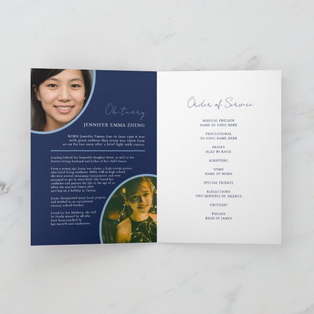 Gedenkgottesdienst Beerdigung Herz oval Foto blau  Programm (Innenseite)