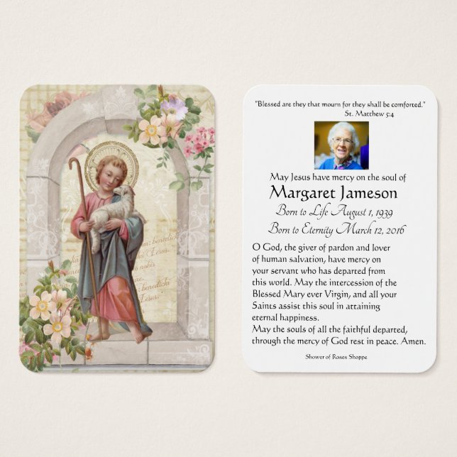 Gedenkkarte für das katholische Kind Jesus Beerdig (Vorne & Hinten)