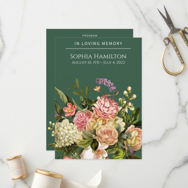 Gedenkprogramm zur Beerdigung grüner Flora Programm (Vorderseite/Rückseite Beispiel)