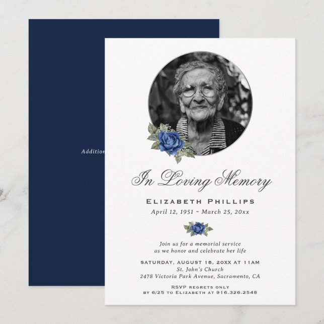 Gedenkservice für personalisiertes blaues Foto Einladung (Vorne/Hinten)