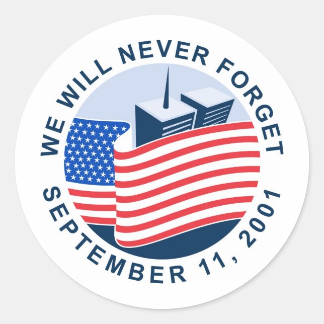 Gedenkstätte 9/11 mit amerikanischer Flagge und zw Runder Aufkleber (Vorderseite)