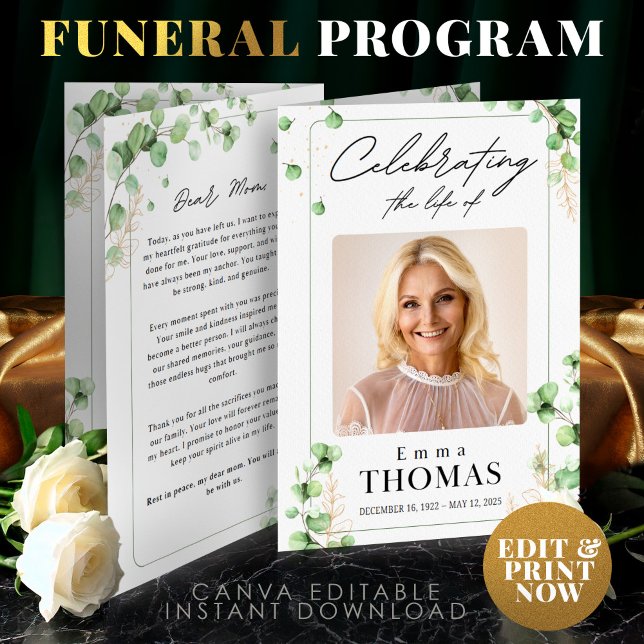 Gedenkstätte, grüne Dienstordnung, Foto-Beerdigung Programm (Funeral Program,Funeral Memorial,Green Order of Service,Foto  Celebration of Life for Woman)