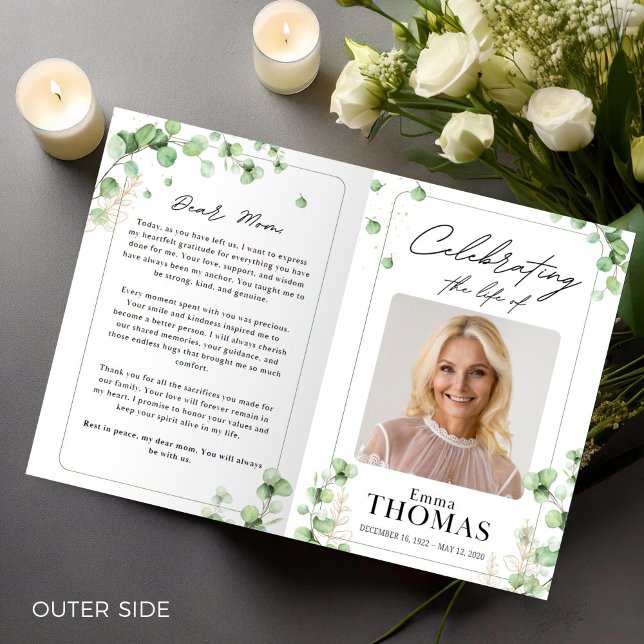 Gedenkstätte, grüne Dienstordnung, Foto-Beerdigung Programm (Funeral Program,Funeral Memorial,Green Order of Service,Foto  Celebration of Life for Woman)