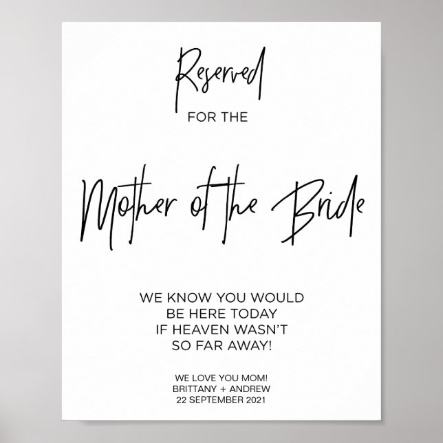 Gedenkstätte reserviert für Mutter der Braut Hochz Poster (Vorne)