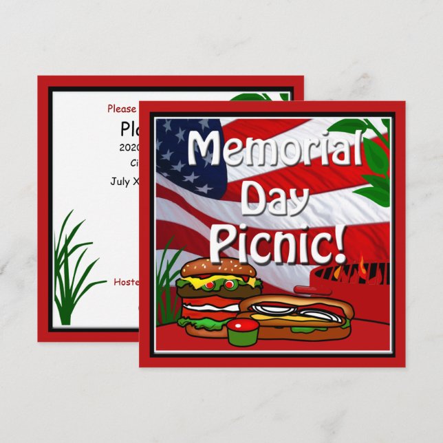 Gedenktag GRILLEN Grill Picnic Hamburger Hotdog Einladung (Vorne/Hinten)