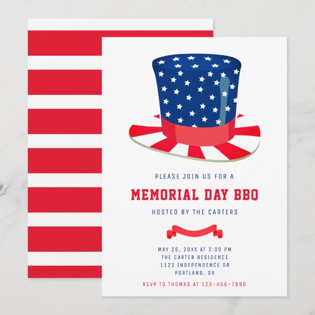 Gedenktag GRILLEN Red White Blue Einladung (Vorne/Hinten)