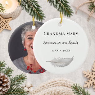 Gedenkweiße Federherzen Erinnerungsfoto Keramik Ornament