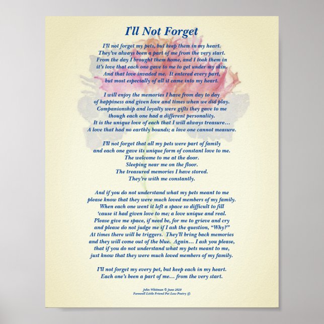 Gedicht: Besondere Erinnerungen eines Haustiers, F Poster (Vorne)