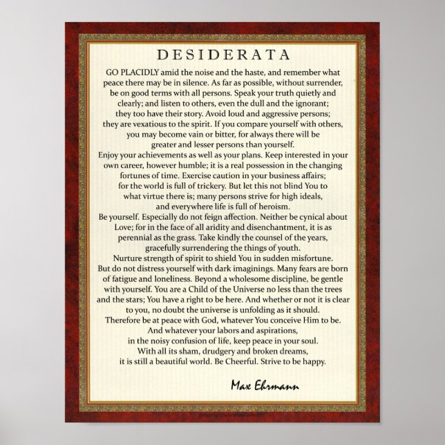 Gedicht "Traditioneller Stil" von Max Ehrmann Poster (Vorne)
