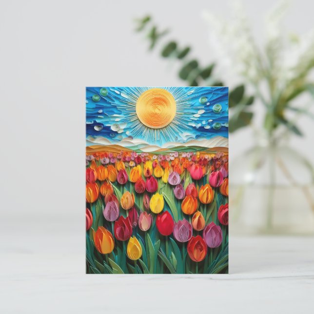Gedichtes Tulip-Feld: Vibranding Sky & Sun Art Postkarte (Stehend Vorderseite)