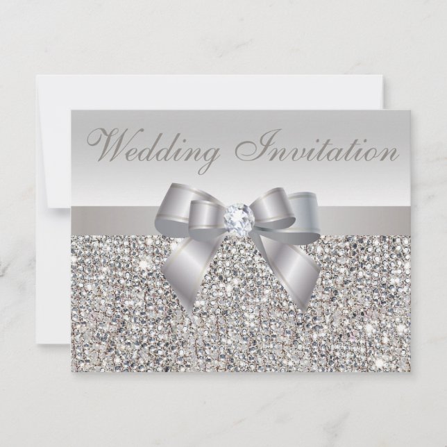 Gedruckte Silberreihen, Bow & Diamond Hochzeit Einladung (Vorderseite)