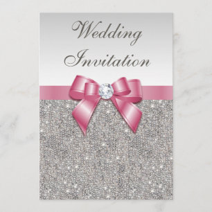Gedruckte Silberreihen und Bow Pink Hochzeit Einladung