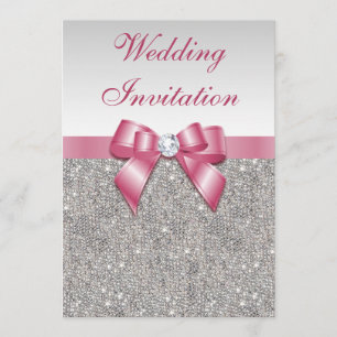Gedruckte Silberreihen und Bow Pink Hochzeit Einladung