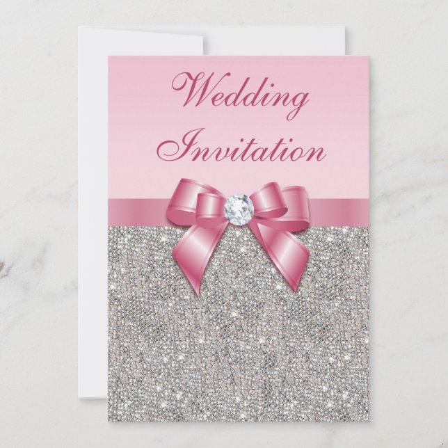 Gedruckte Silberreihen und rosa Bow-Hochzeit Einladung (Vorderseite)
