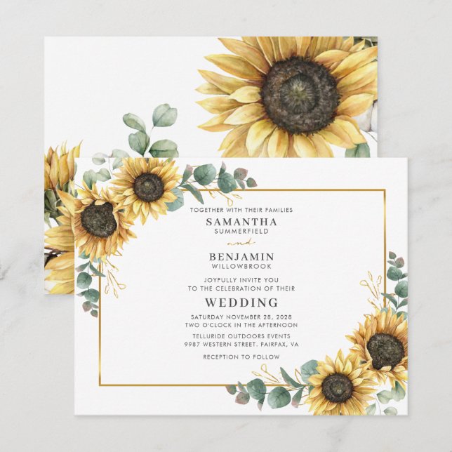 Gedruckte Sonnenblume Eukalyptus Hochzeitseinladun (Vorne/Hinten)