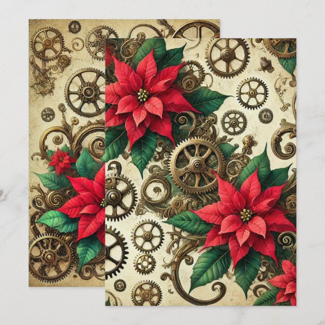 Gedruckte Steampunk-Cogs und -Gears mit Poinsettia Einladung (Vorne/Hinten)