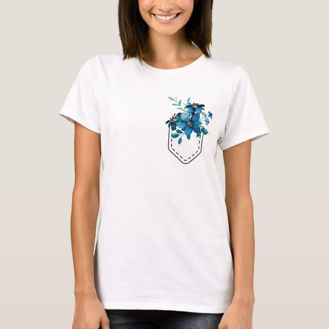 Gedruckte Tasche mit blauen Blumen T-Shirt (Vorderseite)
