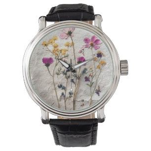 Gedrückte Wildblumen-Pastell-Naturuhr Armbanduhr